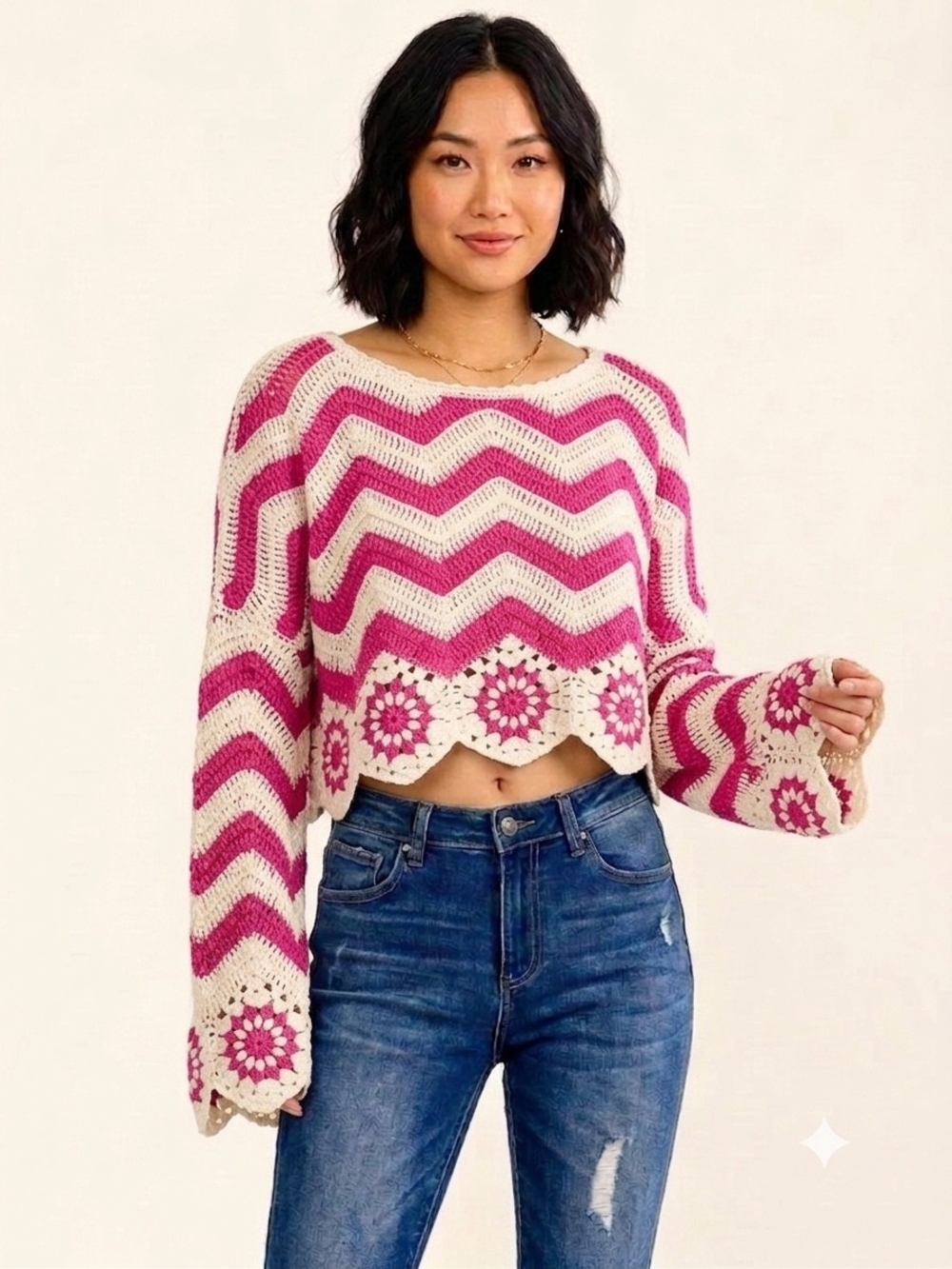 NWT Bell Sleeve Pink & Light Cream Crochet Pullover Top Size S/M & M/L